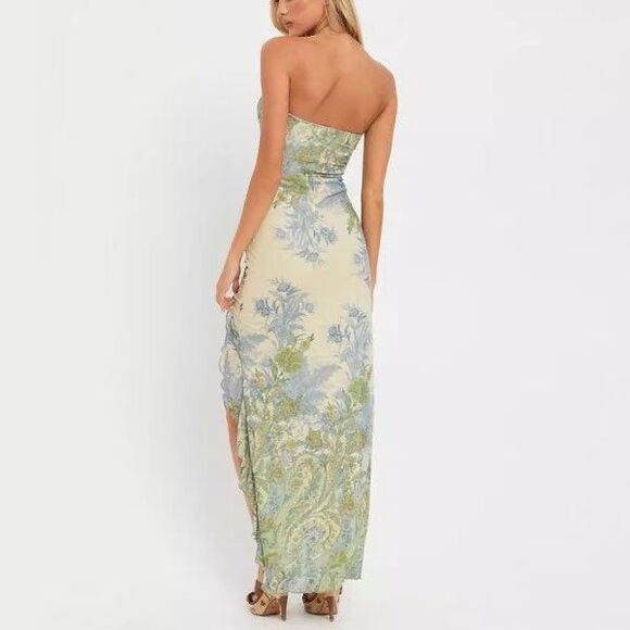 Y2K Strapless Floral Print Maxi Dress Ruffle Slit Cottagecore Boho Festival Sz L - Picture 2 of 16